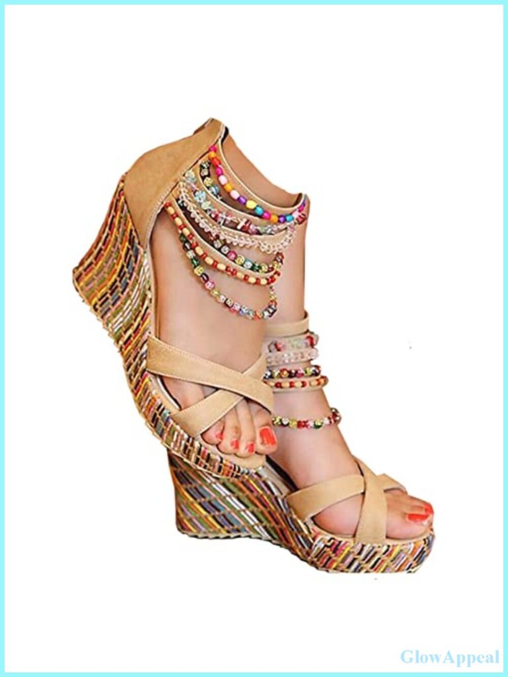 Women's Wedge Platform Sandals 4in Heel Lace Rhinestone Tassel Ankle Strap